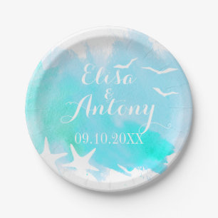Aqua watercolor, starfish beach wedding paper plates