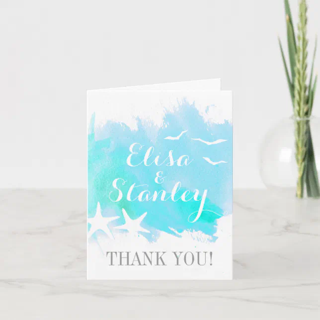 Aqua watercolor, starfish beach wedding Thank You Card | Zazzle