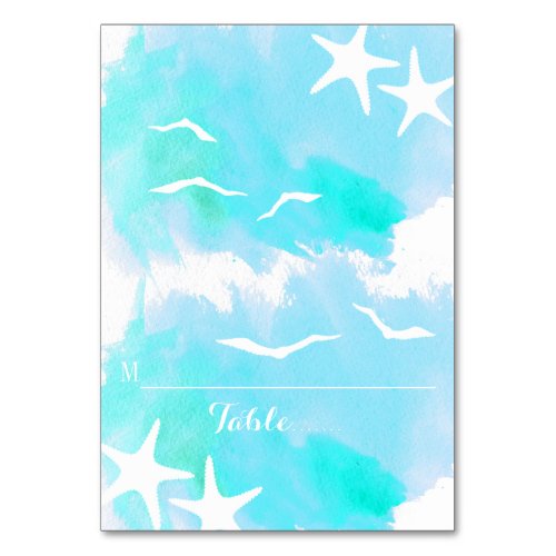 Aqua watercolor starfish wedding place card