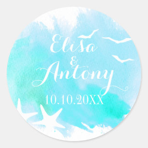 Aqua watercolor, starfish wedding Save the Date Classic Round Sticker