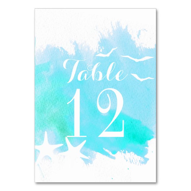 Aqua watercolor, starfish wedding table number (Front)