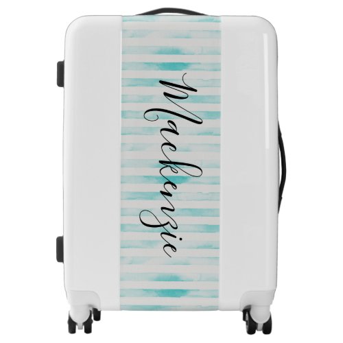 Aqua Watercolor Stripes Monogram Luggage