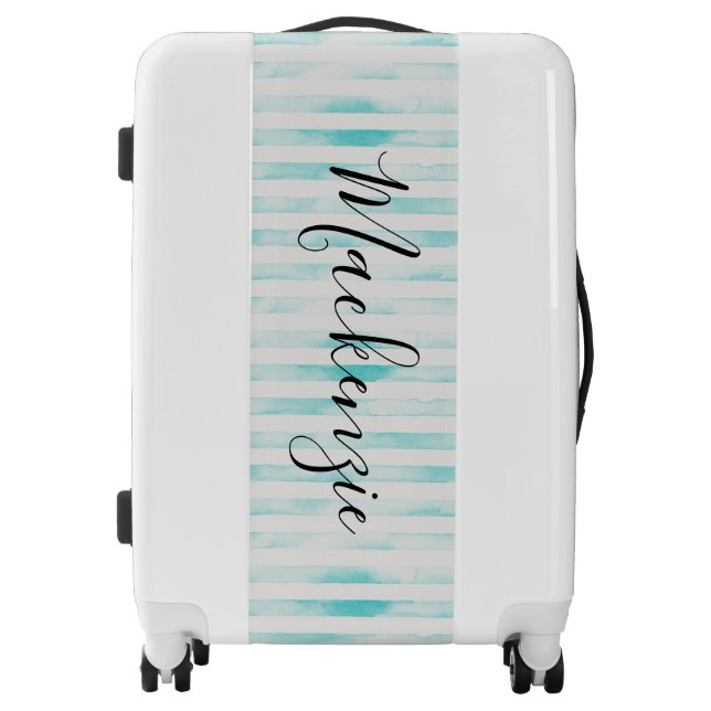 Aqua Watercolor Stripes Monogram Luggage (Front)