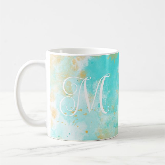 Aqua Watercolor Wash & Customizable Monogram Mug (Left)