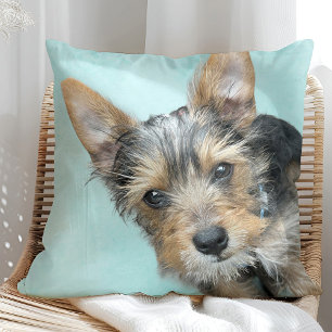 Aqua Watercolor with Pet Photo Throw Pillow