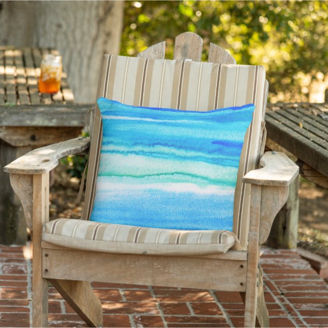 Aqua Waves Acrylic Watercolor Abstract Pillow (Chair)