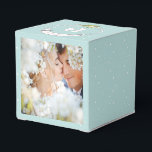 Aqua Wedding Favor Box Your Photos Monogram Names<br><div class="desc">Aqua or any custom color Bride and Groom Names displayed on a Vintage Chalkboard Banner with cute Dots Vintage Garland and further Personalized with Monogram and Two Photos on front and back.</div>