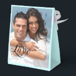 Aqua Wedding Favor Box Your Photos Monogram Names<br><div class="desc">Aqua Turquoise or any custom color Bride and Groom Names displayed on a Vintage Chalkboard Banner with cute Dots Vintage Garland and further Personalized with Monogram and Two Photos on front and back.</div>