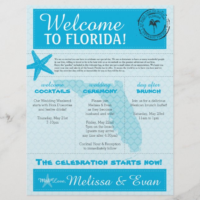 Aqua Wedding Starfish Welcome Letter for Florida (Front)