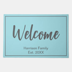 Aqua Welcome Custom Family Name Established Doormat
