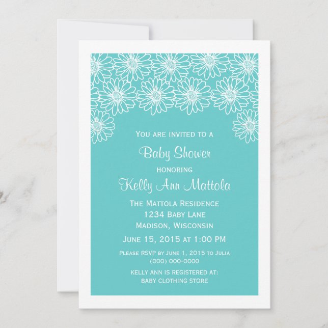 Aqua Whimsical Daisies Baby Shower Invite (Front)