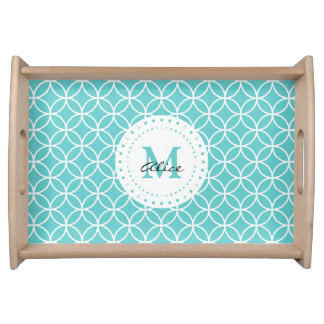 Aqua White Abstract Circles and Diamonds Pattern Serving Tray