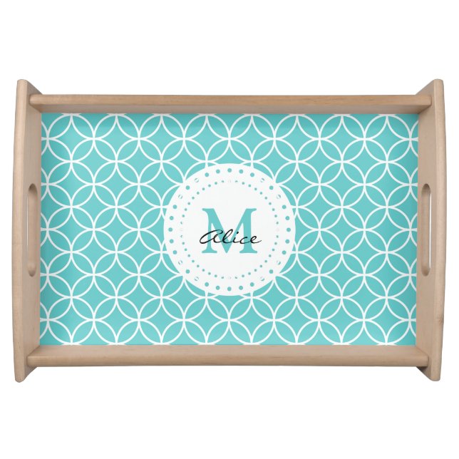 Aqua White Abstract Circles and Diamonds Pattern Serving Tray (Front)