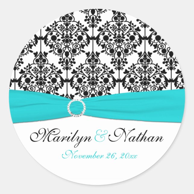 Aqua, White, and Black Damask 1.5" Round Sticker (Front)