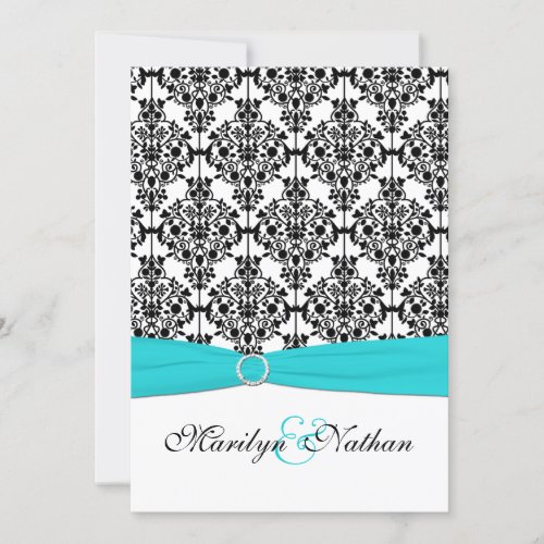 Aqua White and Black Damask II Wedding Invitation