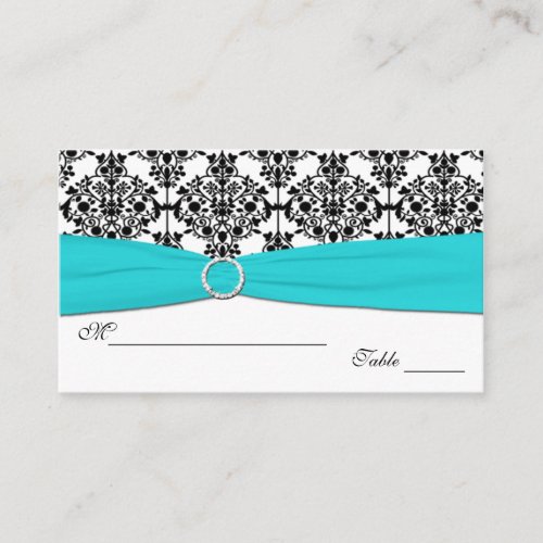 Aqua, White and Black Damask Placecards Business Cards