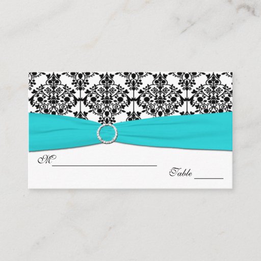 Customizable Aqua, White and Black Damask Placecards Business Cards