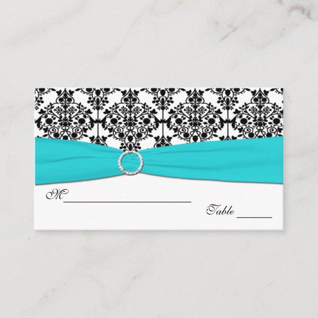 Aqua, White and Black Damask Placecards (Front)