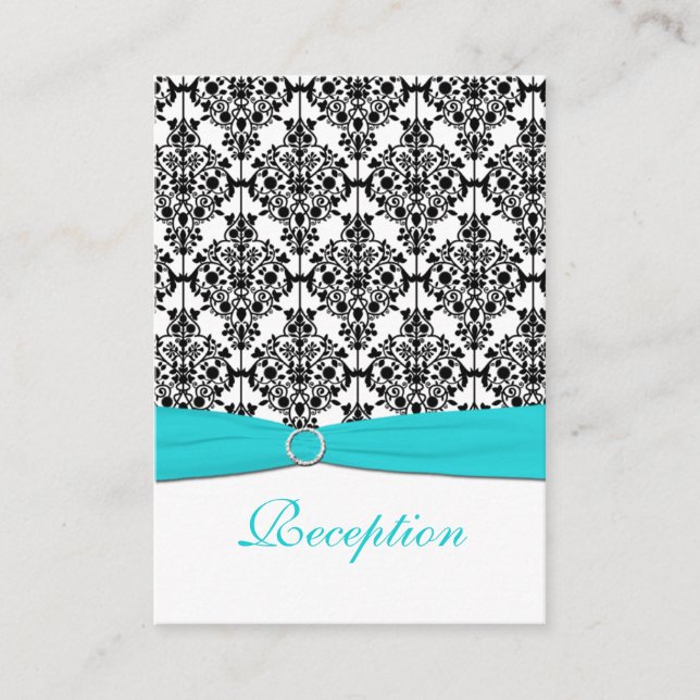 Aqua, White and Black Damask Reception Card (Front)