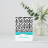 Aqua, White and Black Damask Reception Card (Standing Front)