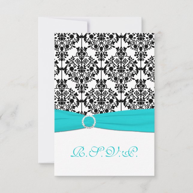 Aqua, White and Black Damask Reply Card 2 (Front)