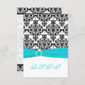 Aqua, White and Black Damask Reply Card 2 (Front/Back)