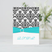 Aqua, White and Black Damask Reply Card 2 (Standing Front)