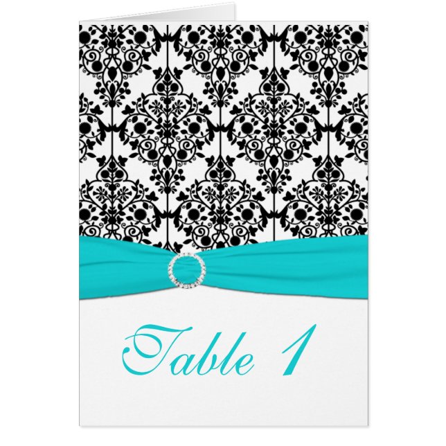 Aqua, White and Black Damask Table Number Card (Front)