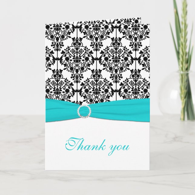 Aqua, White and Black Damask Thank You Card (Front)