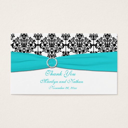 Customizable Aqua, White and Black Damask Wedding Favor Tag Business Card Template