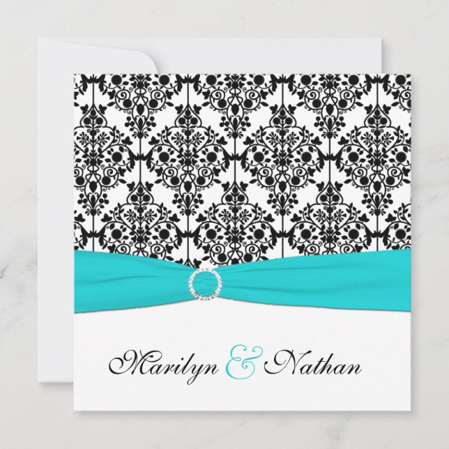 Aqua, White and Black Damask Wedding Invitation (Front)