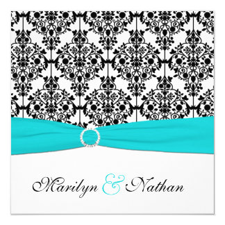 Aqua, White and Black Damask Wedding Invitation
