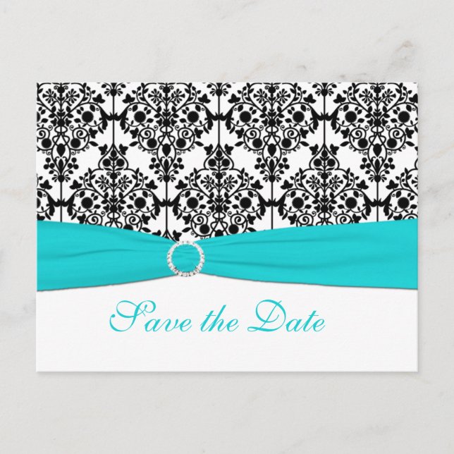 Aqua, White, and Black Save the Date Postcard (Front)