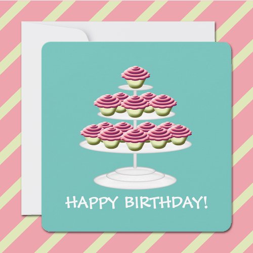 Aqua White And Pink Cupcake Tower Happy Birthday Invitation