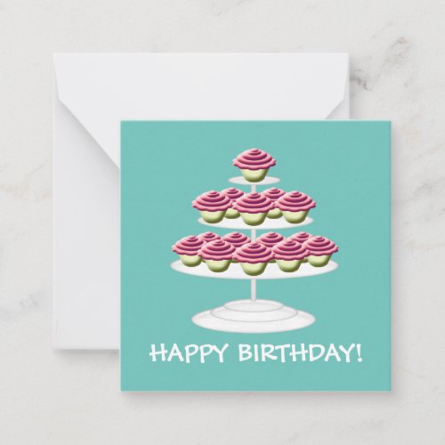 Aqua White And Pink Cupcake Tower Happy Birthday Note Card