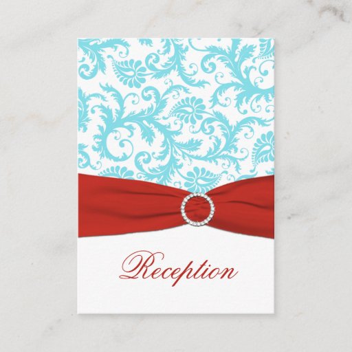 Customizable Aqua, White, and Red Damask Enclosure Card Business Cards