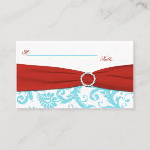 Aqua, White, and Red Damask Placecards