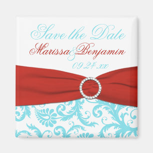 Aqua, White, and Red Damask Save the Date Magnet