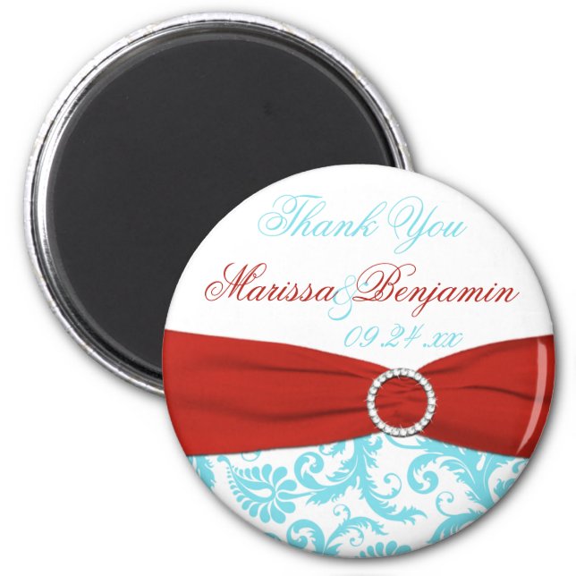 Aqua, White, and Red Wedding Favor Magnet (Front)