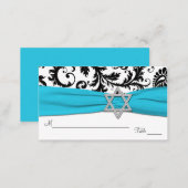 Aqua, White, Black Damask Bat Mitzvah Placecards (Front/Back)