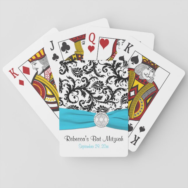Aqua White Black Damask Bat Mitzvah Playing Cards (Back)
