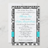 Aqua, White, Black Damask II Photo Wedding Invite (Back)