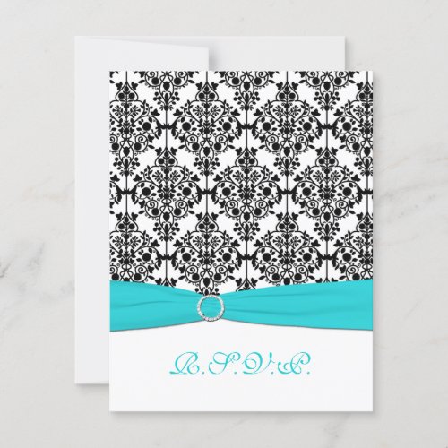 Aqua, White, Black Damask II RSVP Card