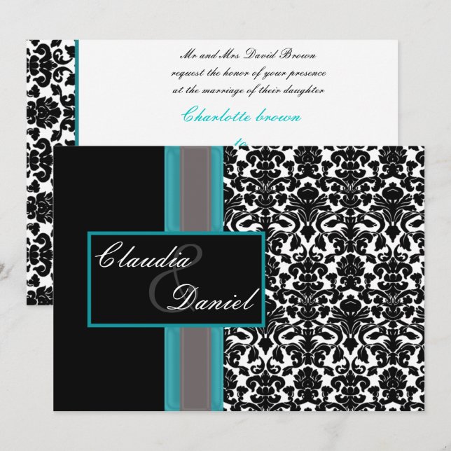 Aqua White Black Damask Wedding Invitations (Front/Back)