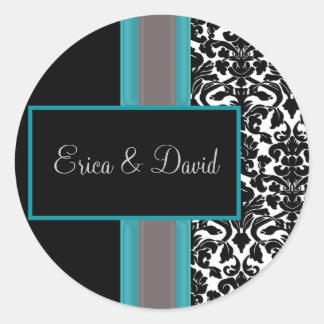 Aqua White Black Damask Wedding Invitations Classic Round Sticker