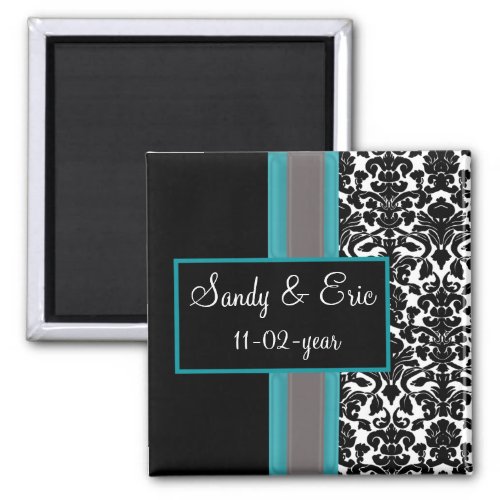 Aqua White Black Damask Wedding Invitations Magnet