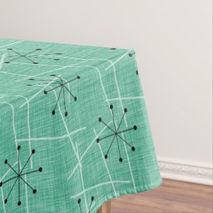 Aqua, White & Black Starbursts Fifties Atomic Tablecloth