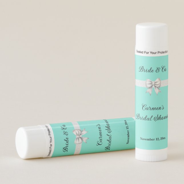 Aqua White Bow Design Bridal Shower Personalized Lip Balm (Front)