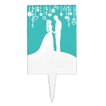 Aqua & White Bride And Groom Wedding Silhouettes Cake Topper by PeachyPrints at Zazzle