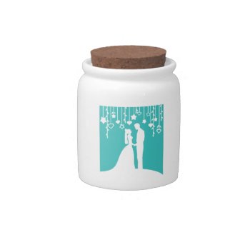Aqua & White Bride And Groom Wedding Silhouettes Candy Jar by PeachyPrints at Zazzle